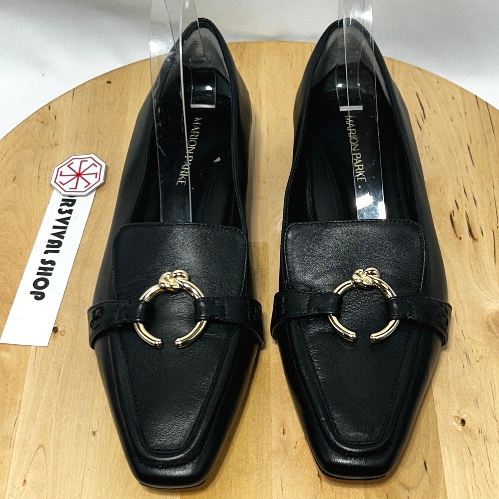 Marion Parke Black Leather Square Toe Gold Tone Metal Ring Loafers- 38/7.5